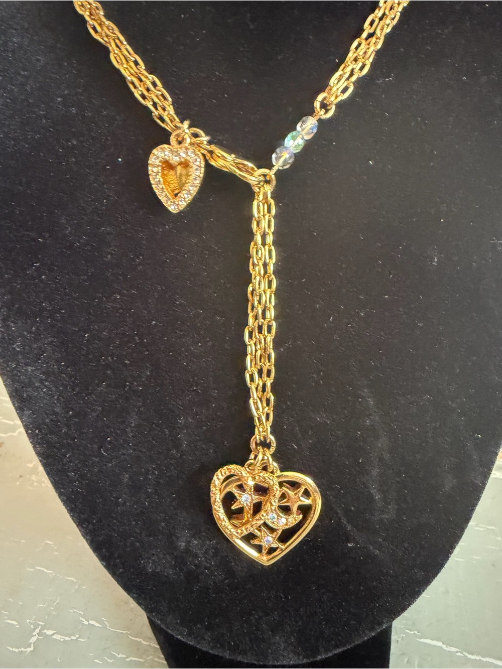Kirks Folly Gold Heart Lariat Necklace with Crystal Accents
